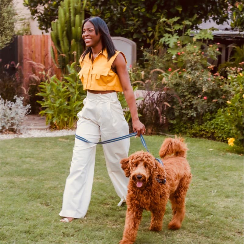 Rachelle Molière-Ogunlana walks her poodle mix on leash in a garden.